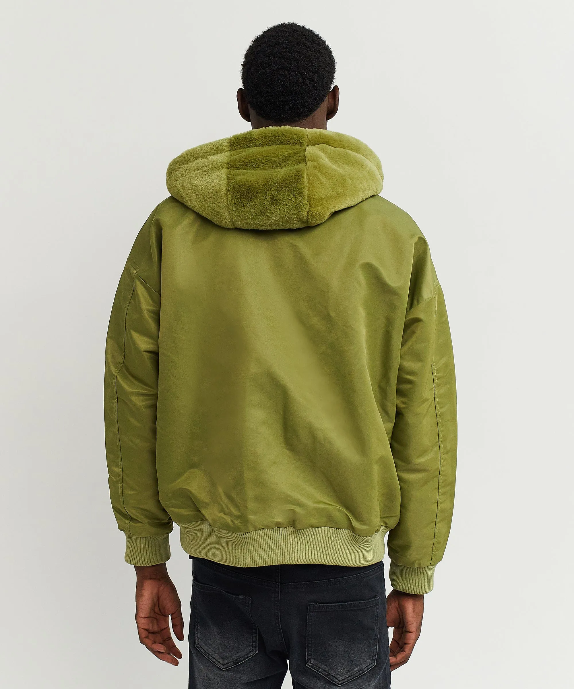 Reversible Oversized Crop Hooded Bomber Jacket With Sherpa Lining - Olive Green