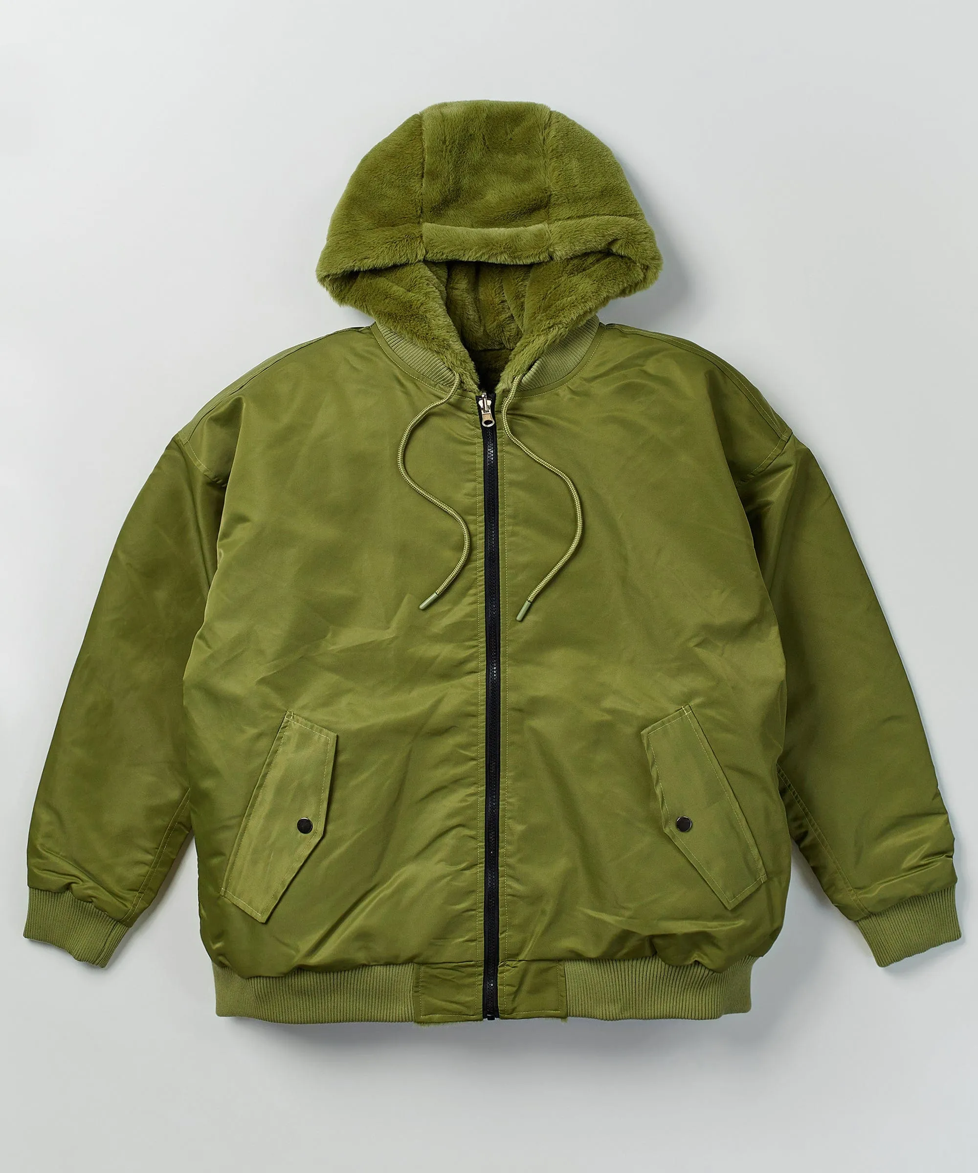 Reversible Oversized Crop Hooded Bomber Jacket With Sherpa Lining - Olive Green