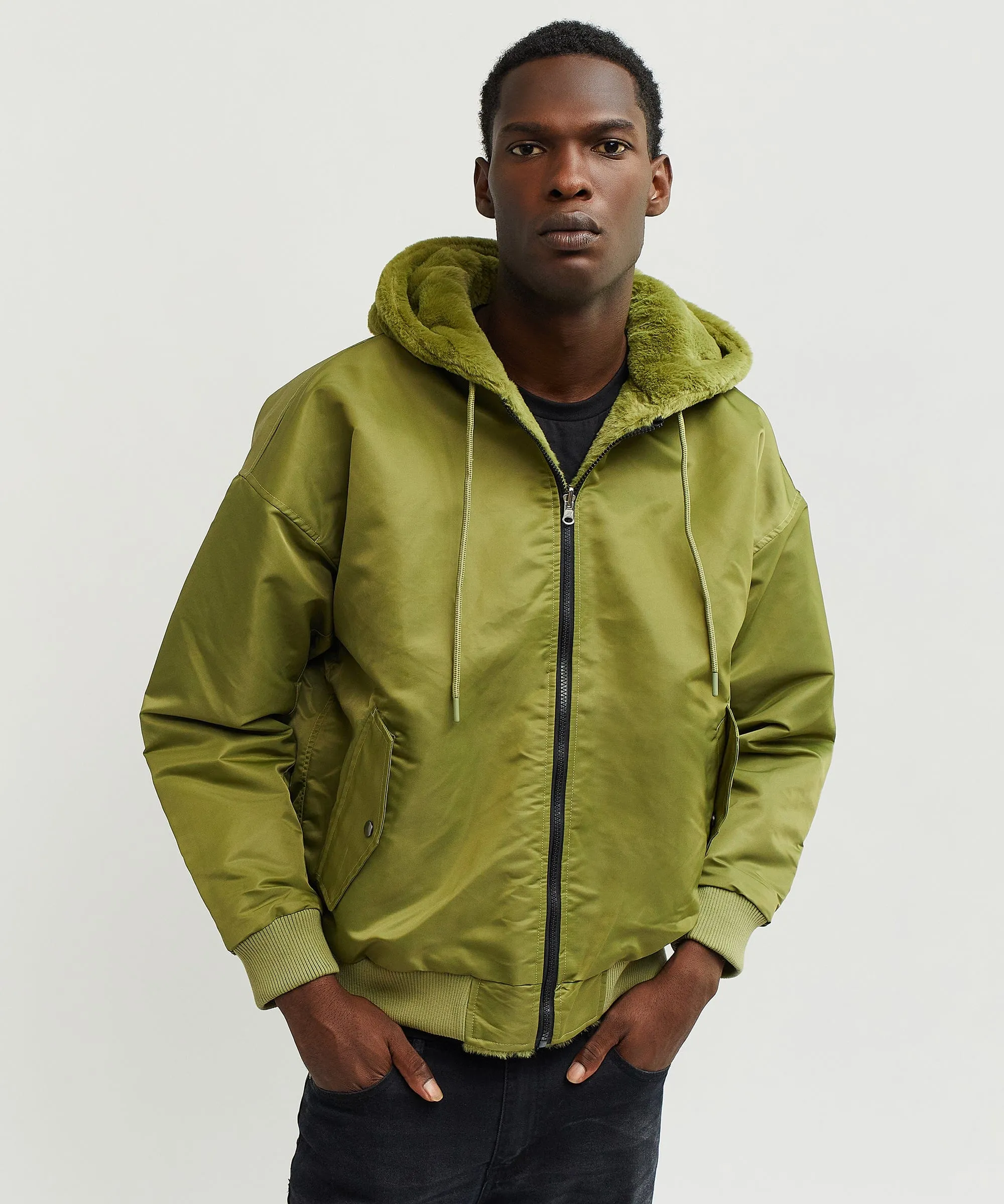 Reversible Oversized Crop Hooded Bomber Jacket With Sherpa Lining - Olive Green