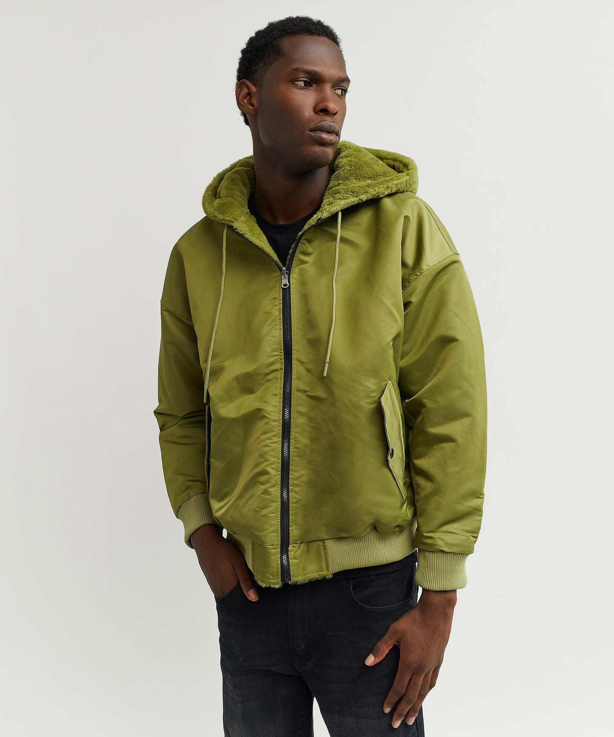 Reversible Oversized Crop Hooded Bomber Jacket With Sherpa Lining - Olive Green