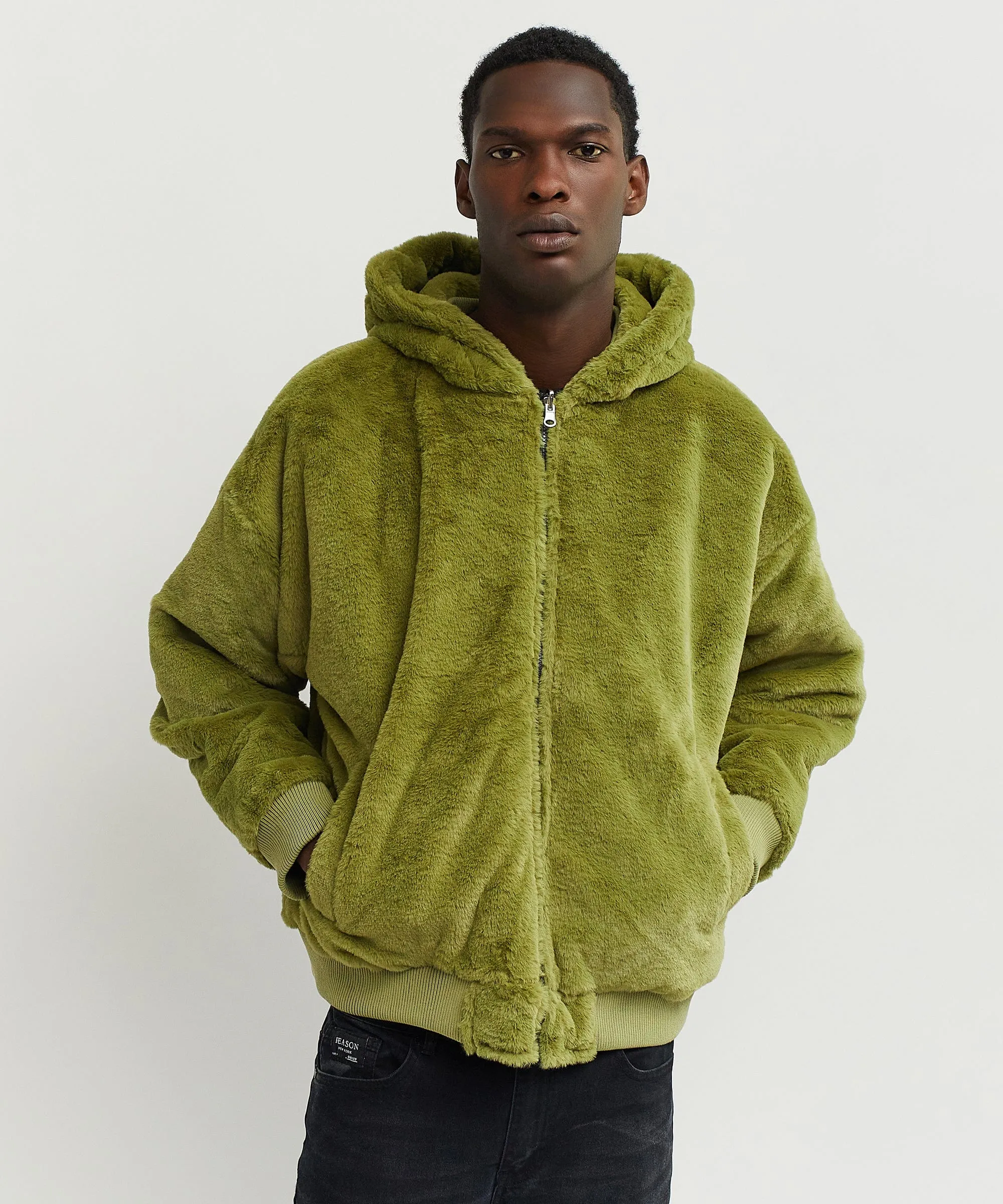 Reversible Oversized Crop Hooded Bomber Jacket With Sherpa Lining - Olive Green