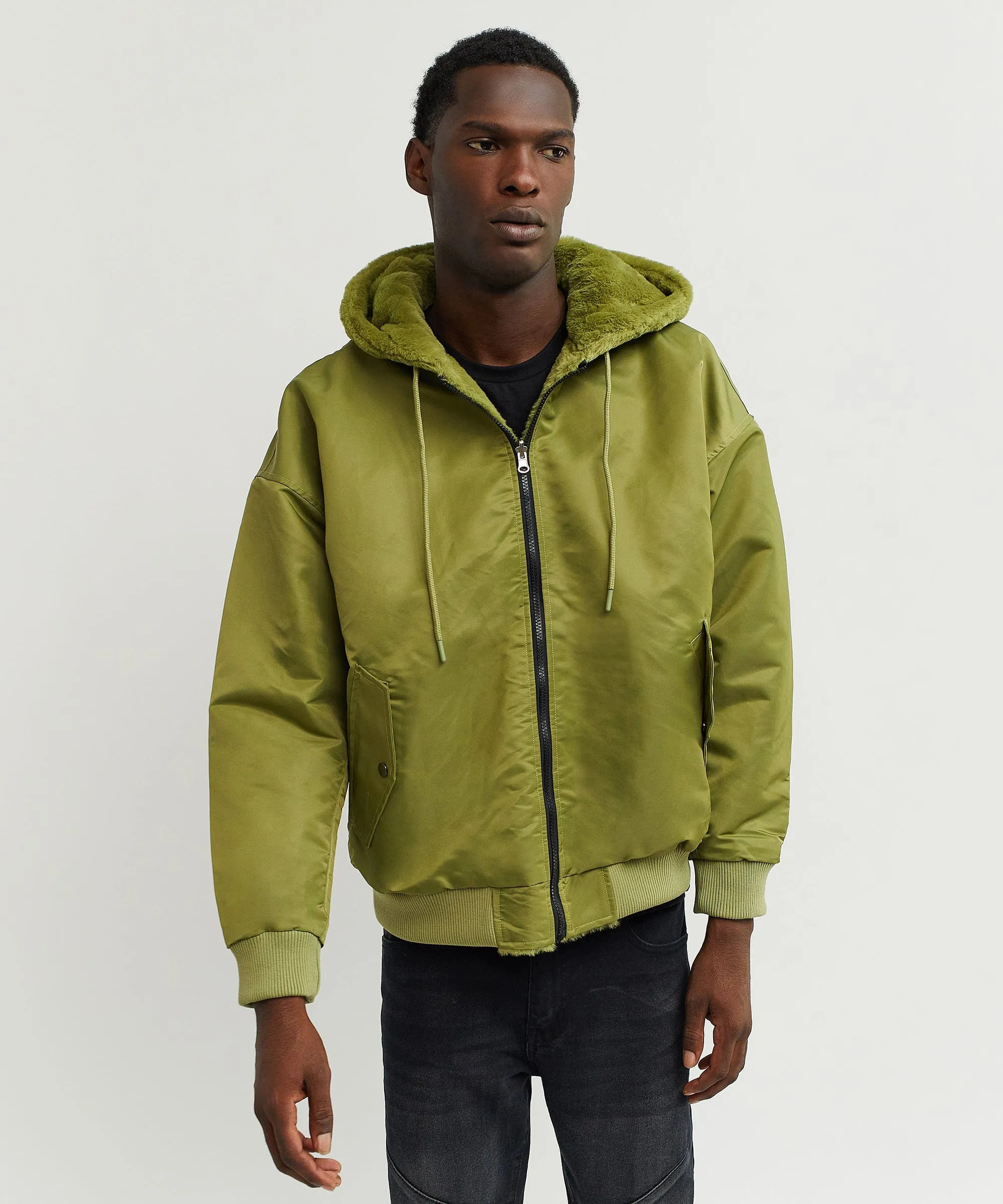 Reversible Oversized Crop Hooded Bomber Jacket With Sherpa Lining - Olive Green