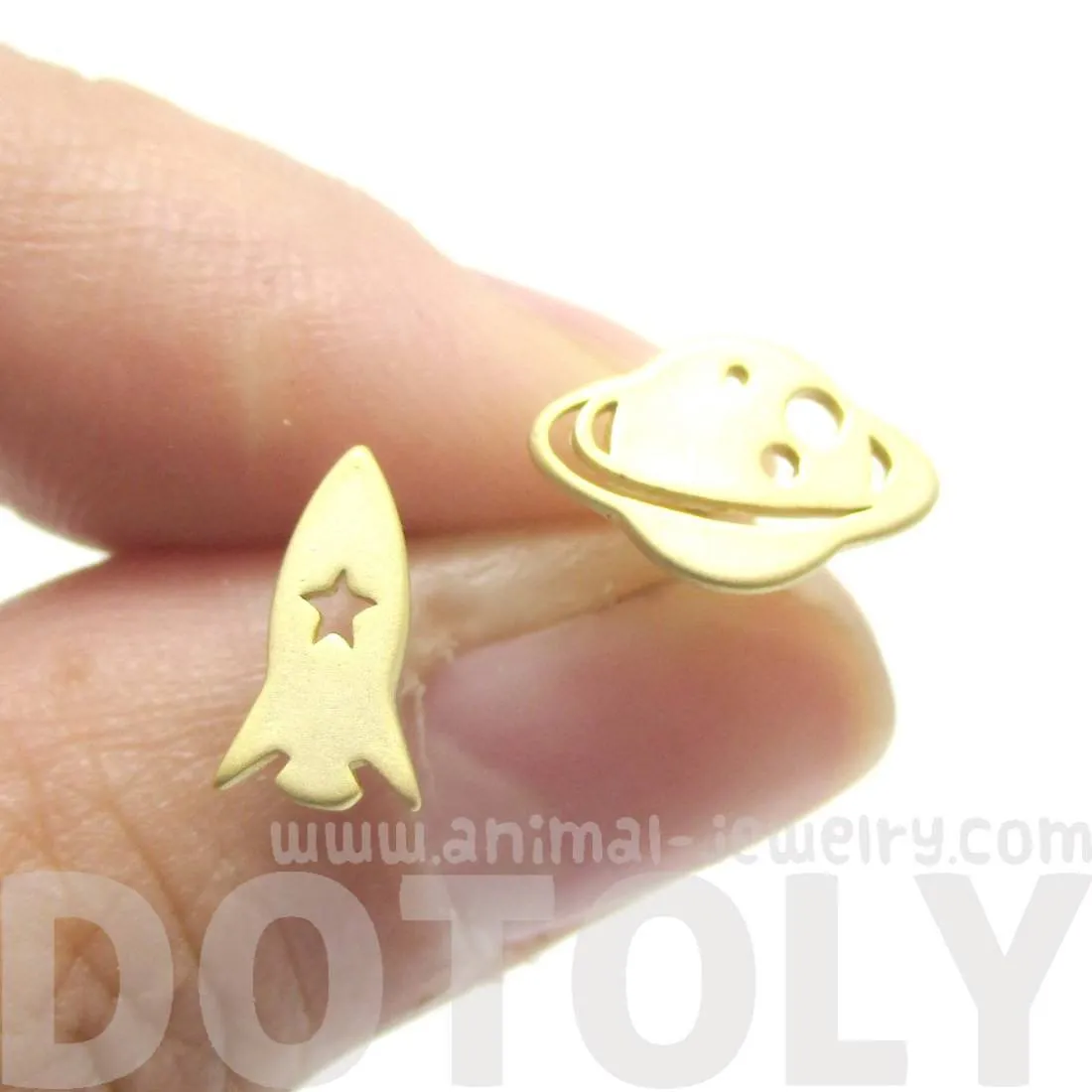 Saturn Rocket Silhouette Shaped Space Themed Stud Earrings in Gold | Allergy Free