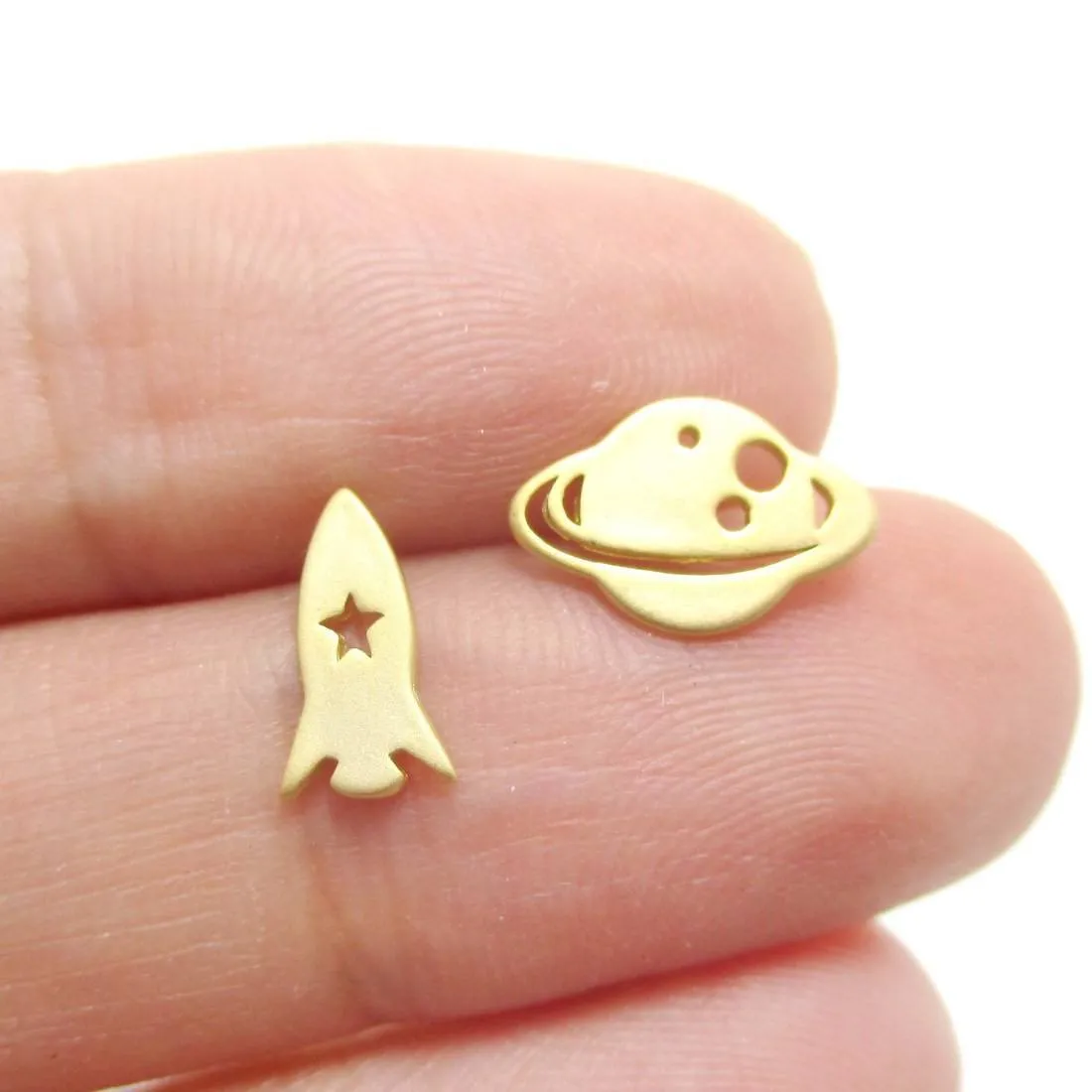 Saturn Rocket Silhouette Shaped Space Themed Stud Earrings in Gold | Allergy Free