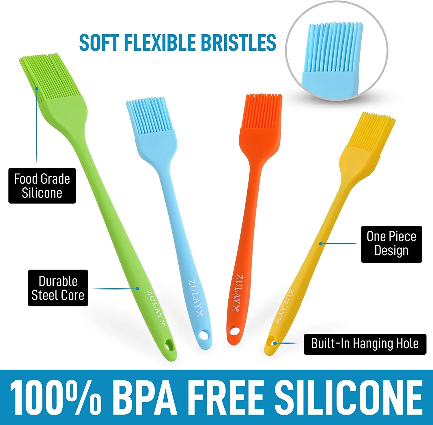 (Set of 4) Heat Resistant Silicone Basting Brush With Soft Flexible Bristles