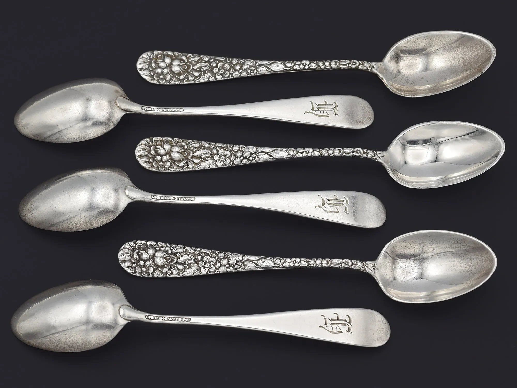 Set of 6 Antique Stieff Sterling Silver Baltimore Rose Demitasse Spoons w/ Mono