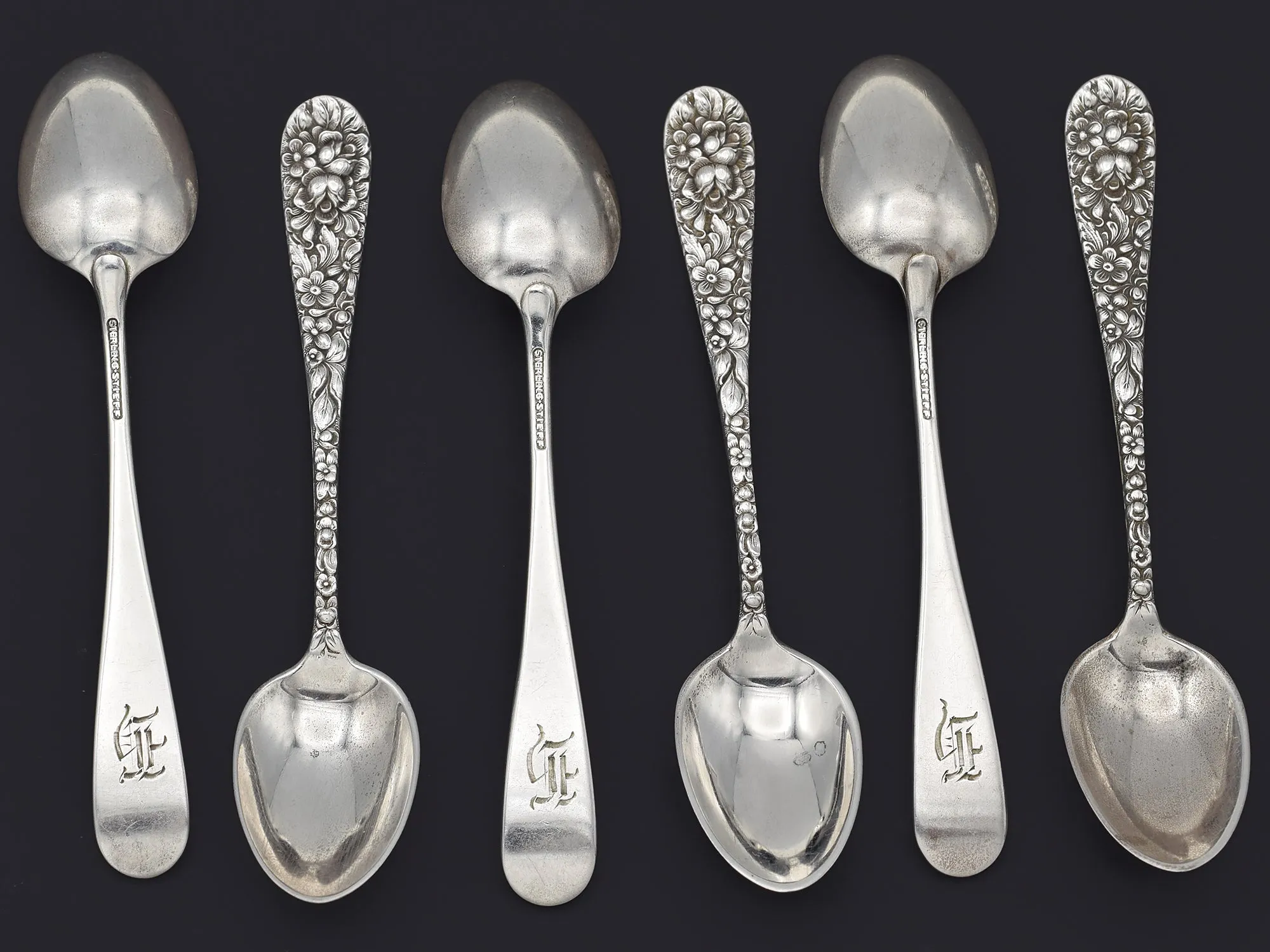 Set of 6 Antique Stieff Sterling Silver Baltimore Rose Demitasse Spoons w/ Mono