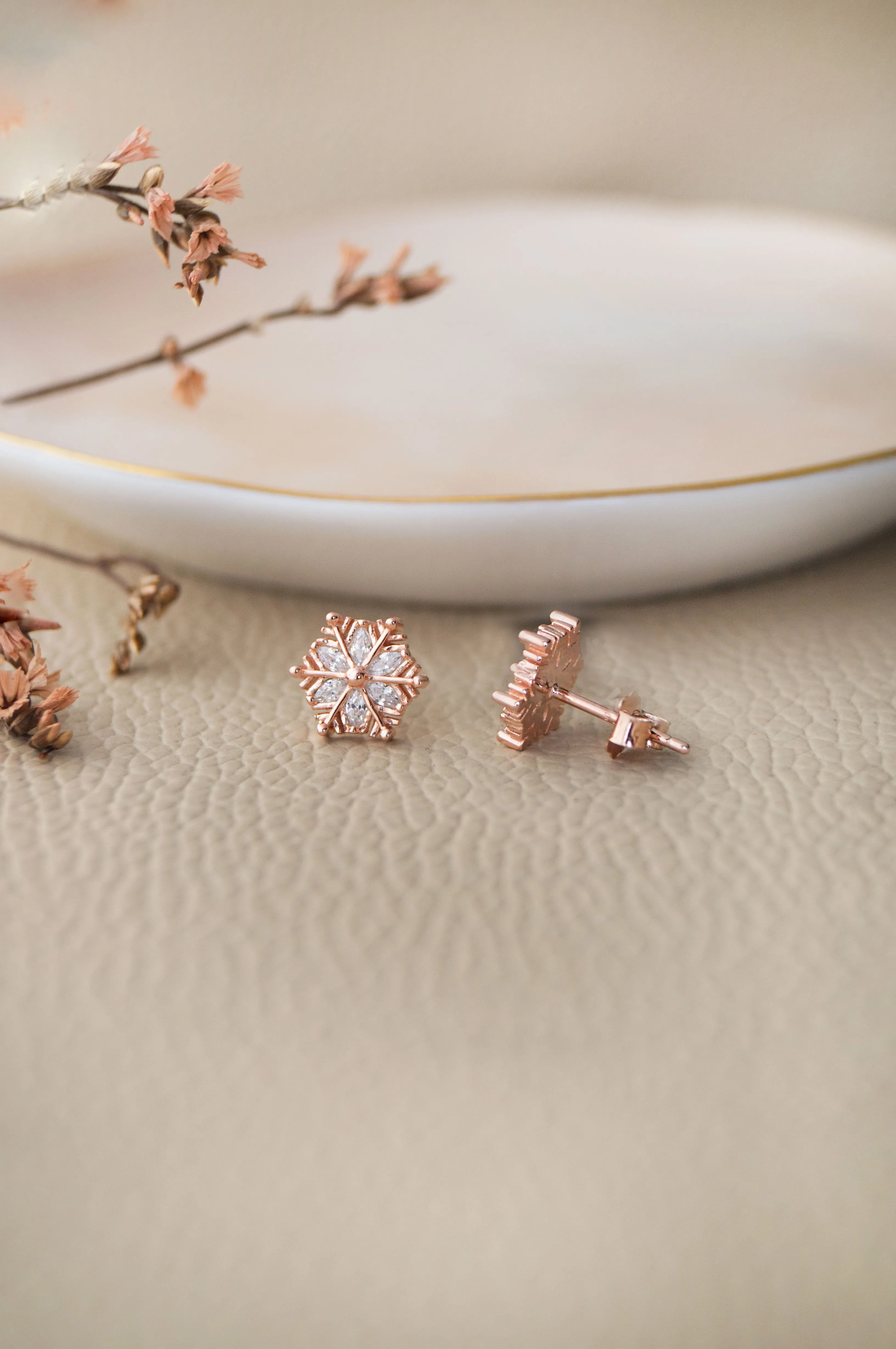 Snow Flake Rose Gold Plated Sterling Silver Stud Earrings