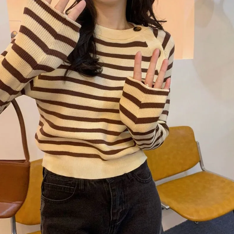 Striped Sweater With Off-Side Buttons