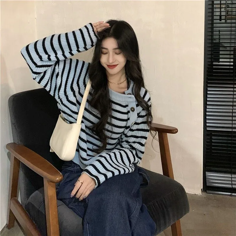 Striped Sweater With Off-Side Buttons