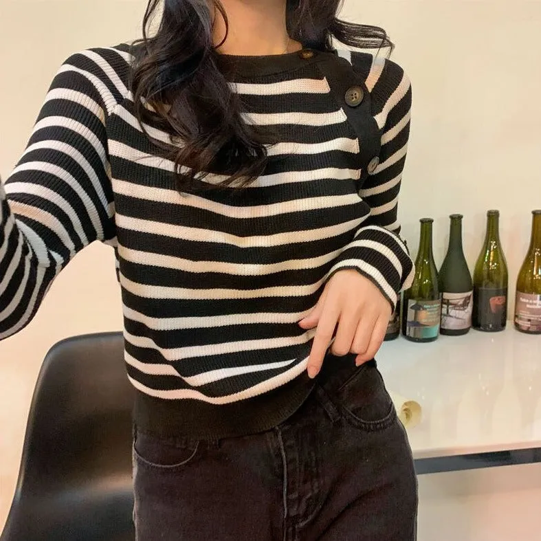 Striped Sweater With Off-Side Buttons