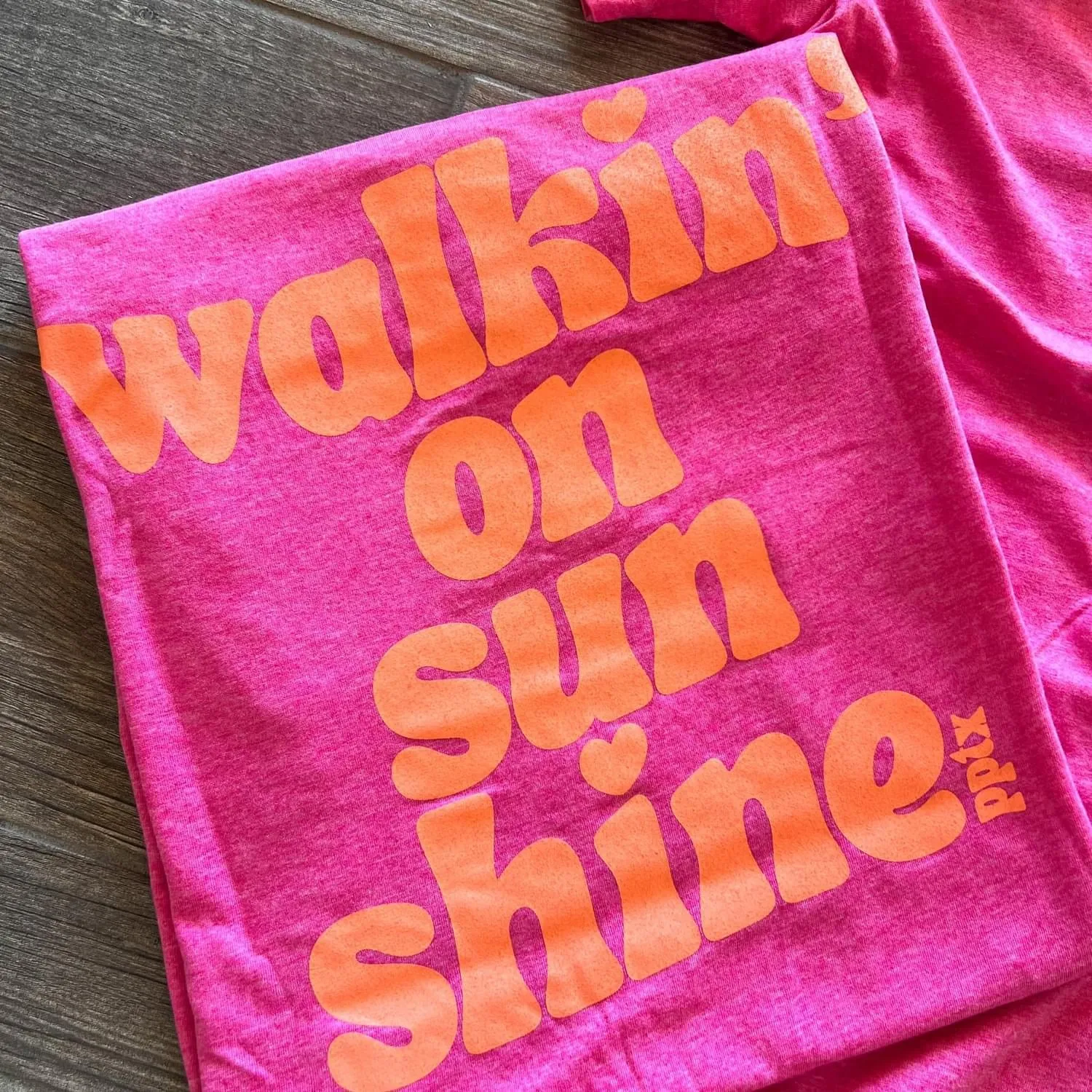 {WALKING ON SUNSHINE} Front   Back Heather Heliconia Pink Crew Neck Tee