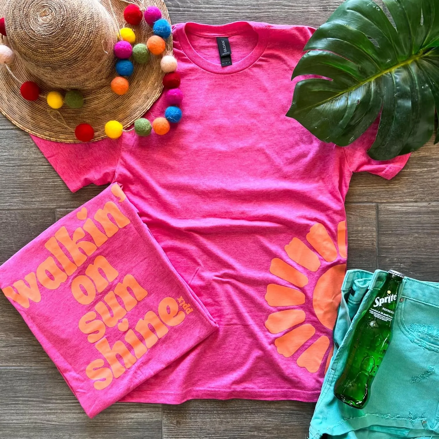 {WALKING ON SUNSHINE} Front   Back Heather Heliconia Pink Crew Neck Tee