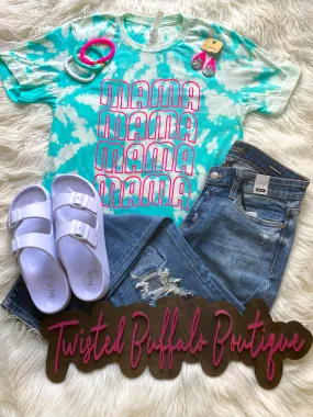 {WAVE TIME} MAMA Hot Pink Distressed Sea Green Crew Neck Tee