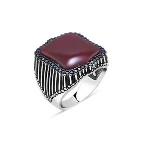 Zircons Around Flat Red Agate Stone Hexagonal Silver Men's Ring Siding Stripe Pattern